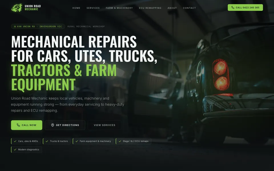 Union Road Mechanic website, built by Bluepeek