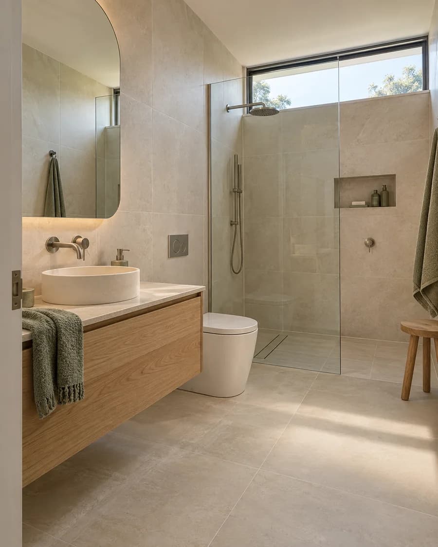 Sample bathroom renovation with warm stone tiles and an oak vanity