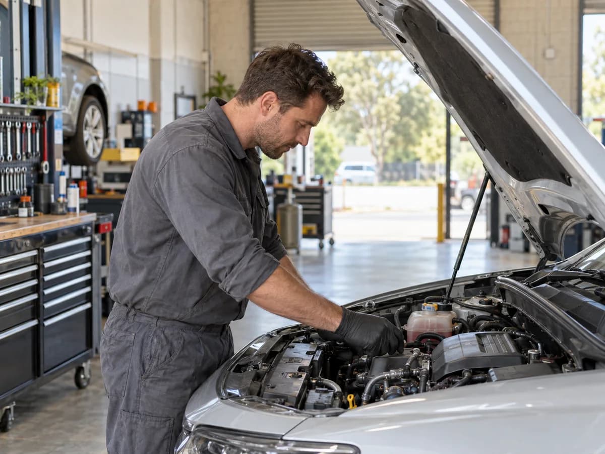 Mechanic inspecting a car engine in a bright, tidy local workshop