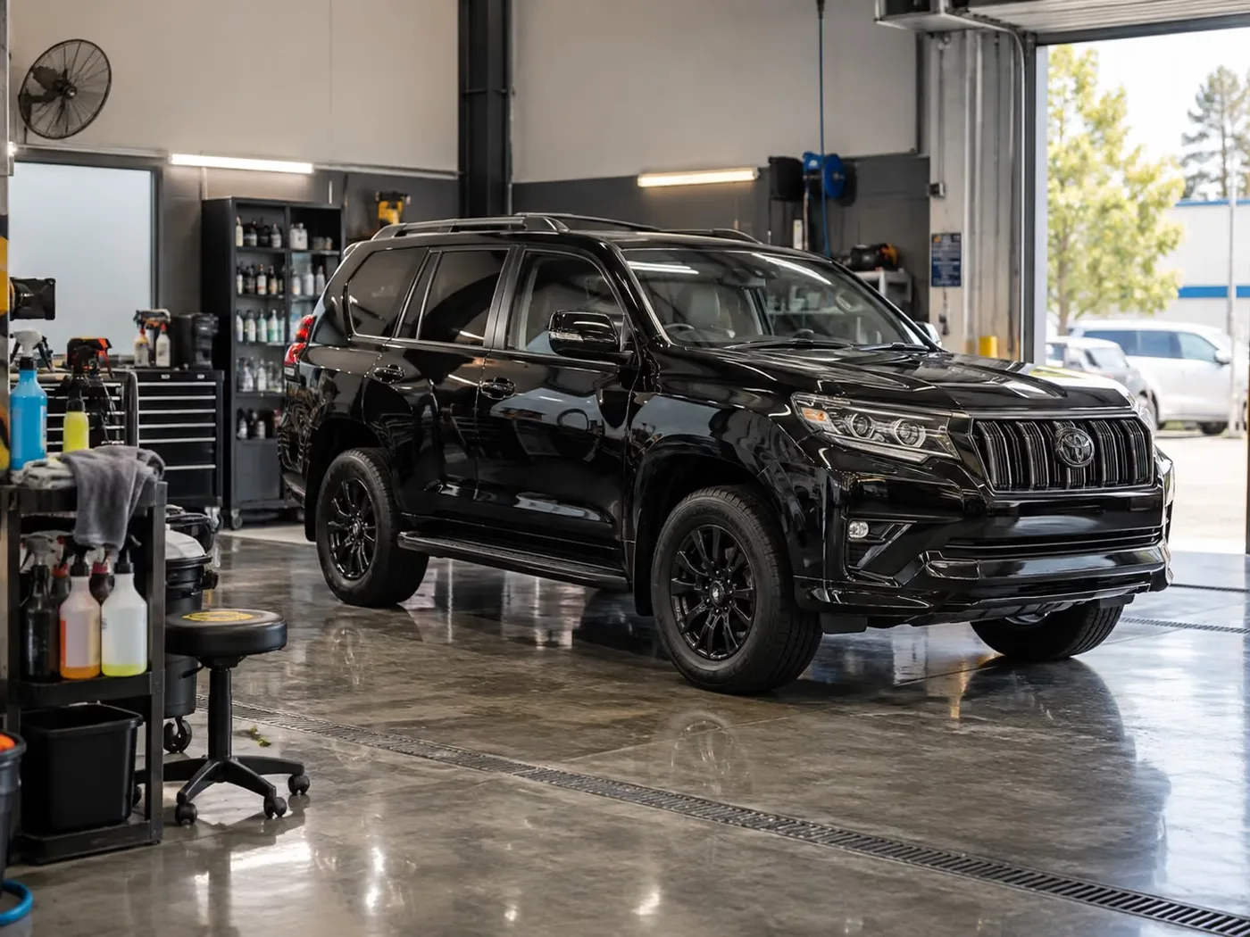 A black four-wheel drive inside the Attention Detailing workshop