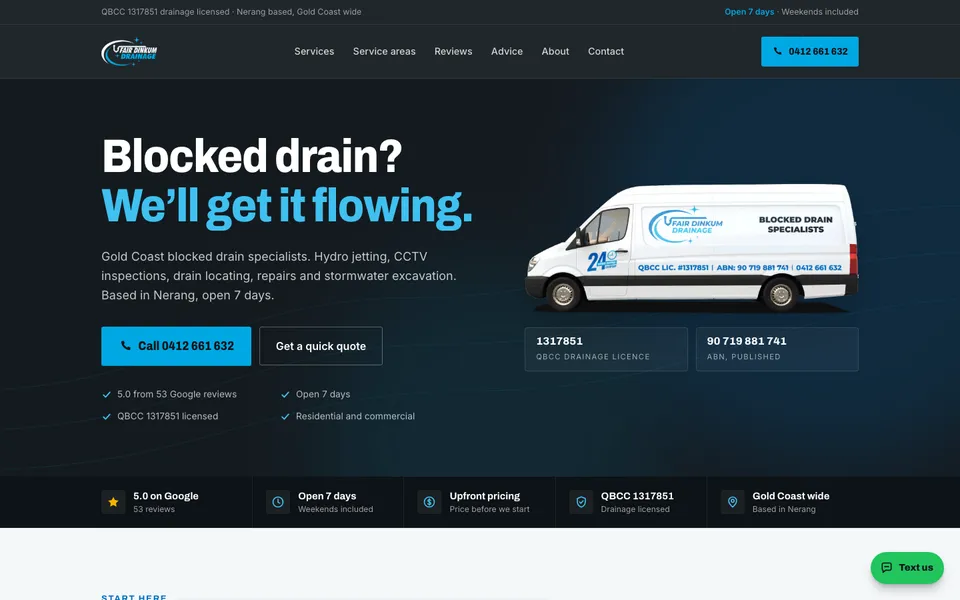 Fair Dinkum Drainage website, built by Bluepeek