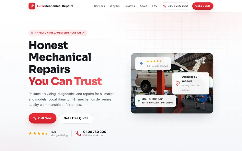 Lui's Mechanical Repairs website, built by Bluepeek