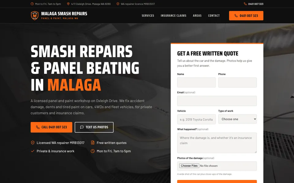 Malaga Smash Repair website, built by Bluepeek