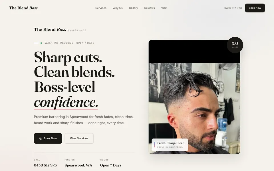 The Blend Boss Barber Shop website, built by Bluepeek