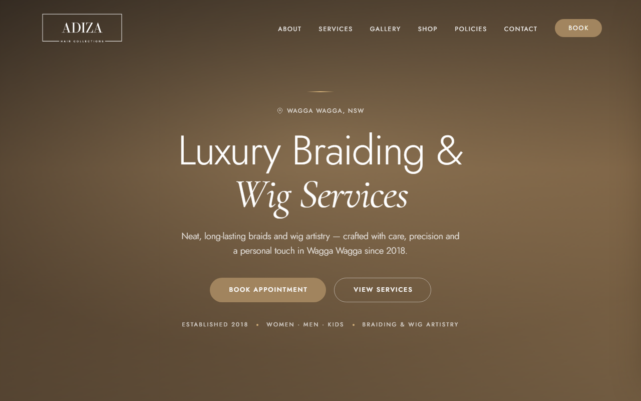 Adiza Hair Collections website homepage built by Bluepeek