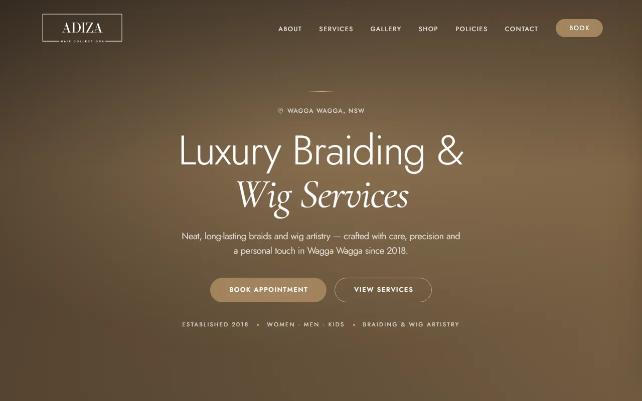 Adiza Hair Collections - Hair & Braiding website in Wagga Wagga, NSW built by Bluepeek